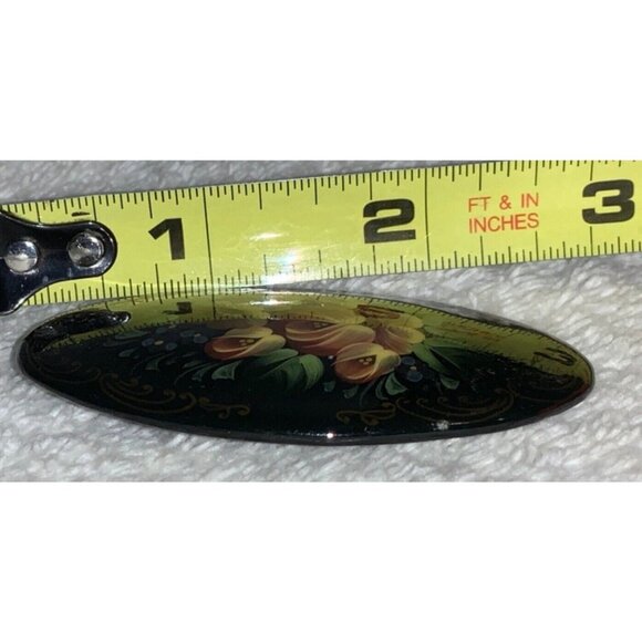 Signed Hand Painted Vintage Floral Pin Brooch Black Lacquer Red Yellow Floral - Picture 3 of 8